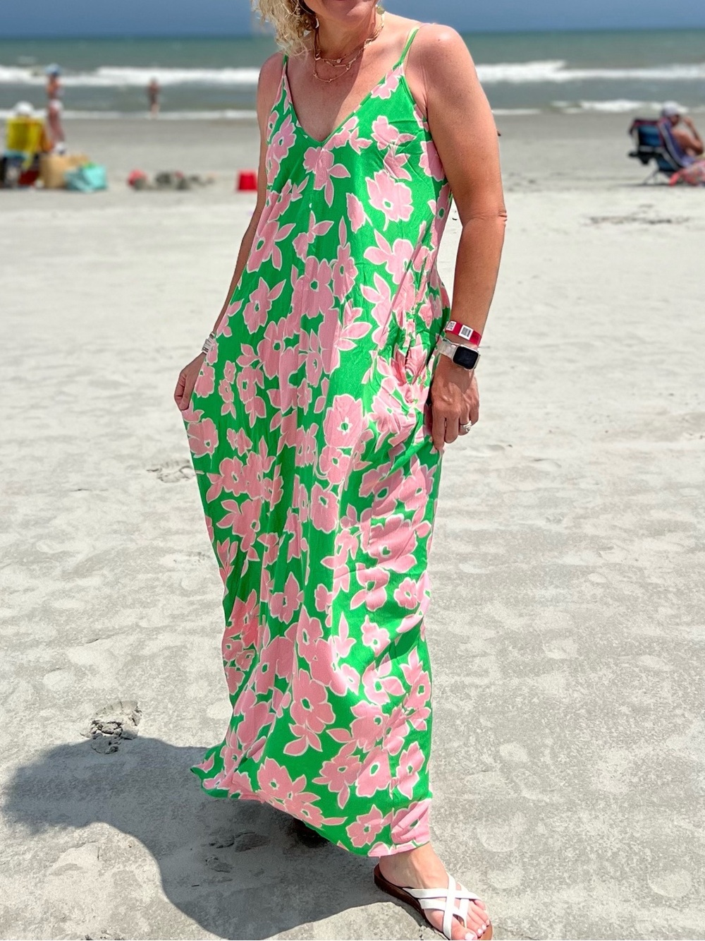 Green and Pink Floral Maxi Dress with Spaghetti Straps